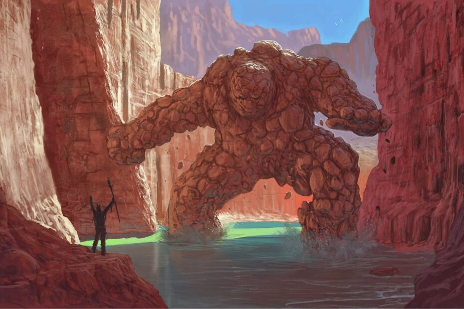 Un golem face à un magicien dans une bataille entre les parts matérielle et spirituelle.